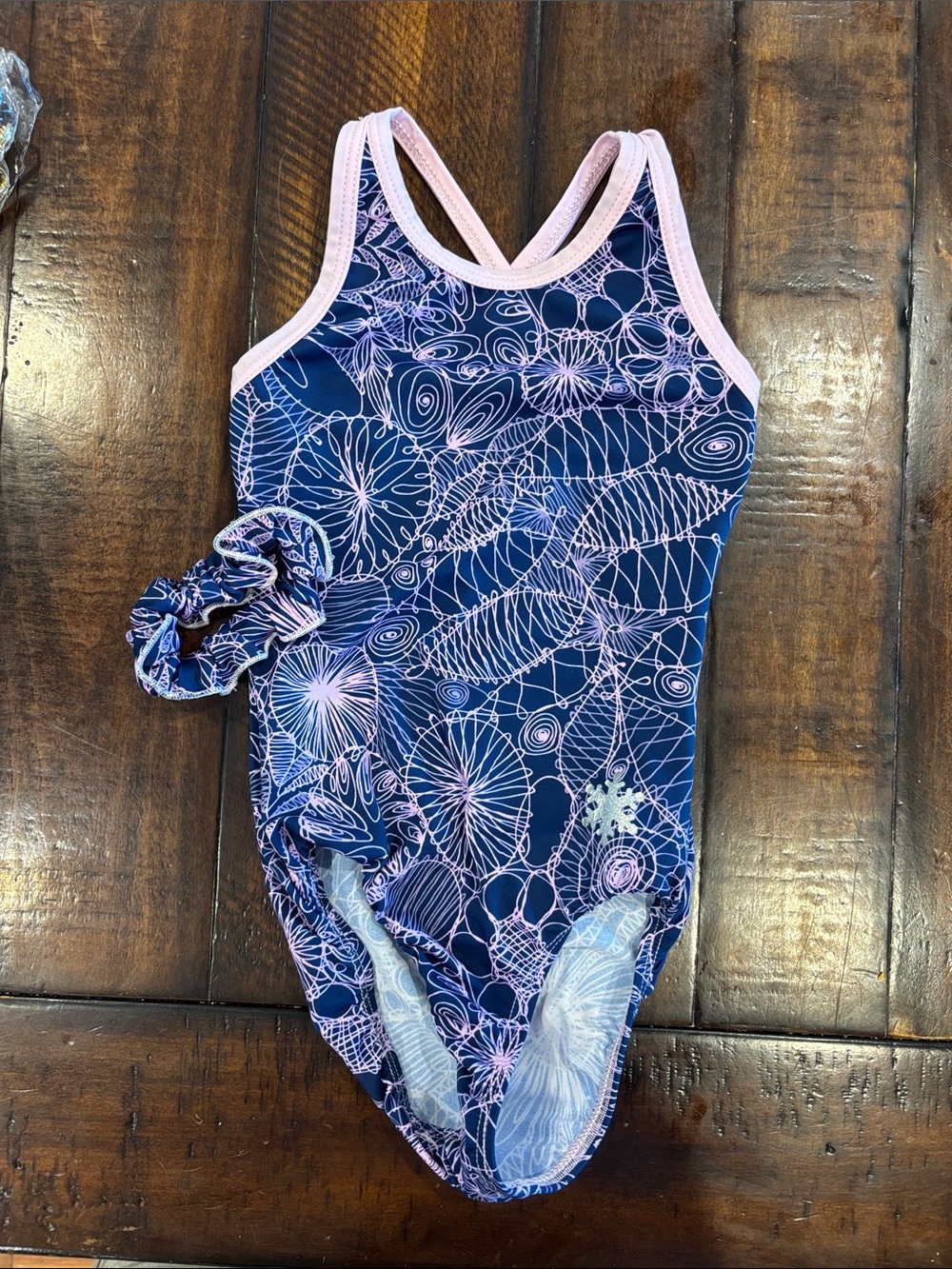 Girls' Navy Snowflake Leotard Light Pink Trim